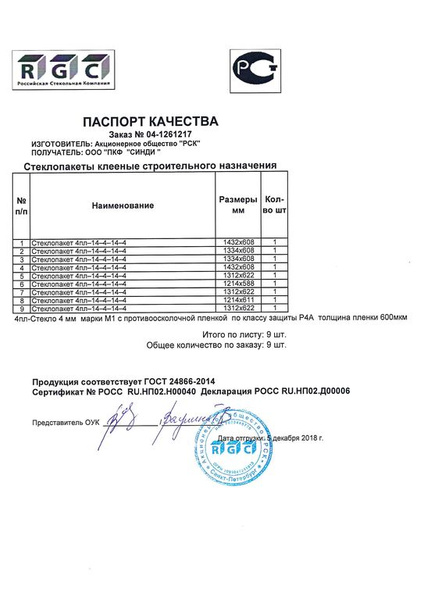 Паспорт на стеклопакеты образец