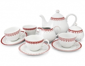 Чайный сервиз на 4 персоны 11 предметов Хюгге Красные узоры 71160717-327D, Leander