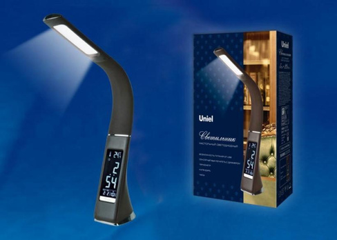 Настольная светодиодная лампа Uniel с часами, термометром и календарем, цвет черный арт.TLD-542