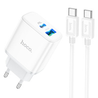 Адаптер постоянного тока Hoco C105A, 1хUSB + 1 гн.Type-C 5В,3,1А, 20W QC3.0, + шнур Type-C - Type-C, белый