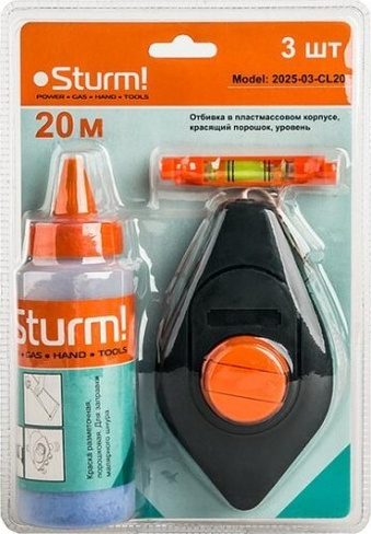 Отбивочный шнур Sturm 2025-03-CL20 20м с красящим порошком + уровень STURM