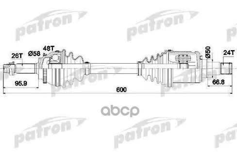 Полуось Левая 26X600x24 Abs: 48T Toyota Avensis 2,0 D-4D 06-08 PATRON арт. PDS0437