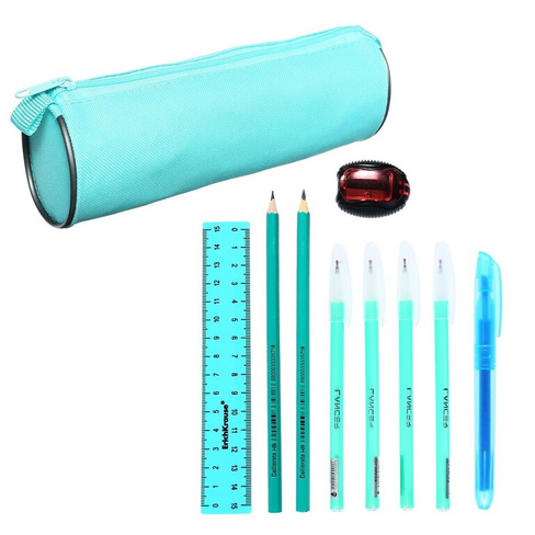 Набор канцелярский 10 предметов (пенал-тубус 65 х 210 мм, ручки 4 штуки цвет синий, линейка 15 см, точилка, карандаш 2
