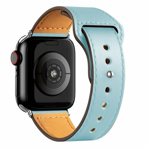 Кожаный ремешок для Apple Watch series 3 4 5 6 7 8 9 SE, в корпусах 42, 44, 45, 49. Голубой / Light_Blue Root Habitant